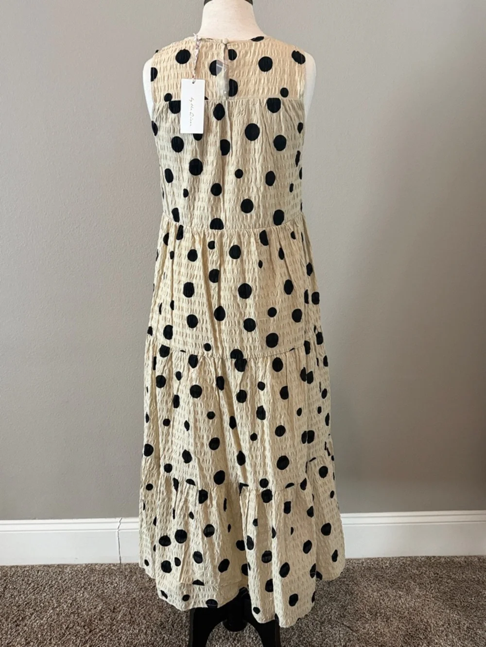 Sleeveless Tan Maxi Dress with Black Polka Dots - Picture 2 of 9